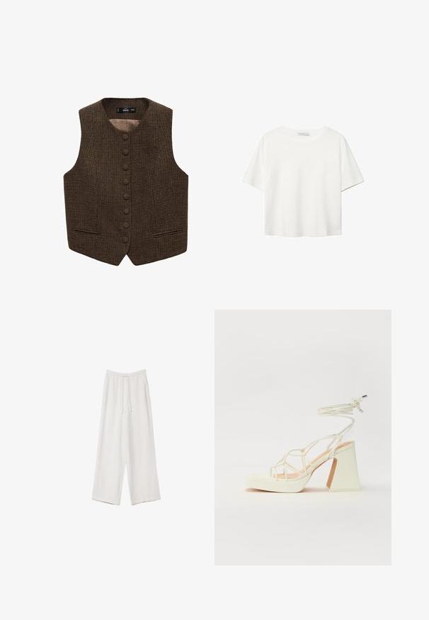 Smeđi houndstooth prsluk s visokim izrezom, višestrukim prednjim dugmadi i bočnim džepovima. Glatka unutarnja podstava povećava udobnost.; Bijela majica kratkih rukava od pamuka. Ima okrugli izrez i opušteni kroj. Glatka tekstura bez vidljivih uzoraka ili naglasaka.; Bijele hlače širokih nogavica napravljene od lagane tkanine. Imaju elastičan pojas s ušicom i bočne džepove. Glatka tekstura.; Bijela sandala na visokoj potpetici s debelim petom, s remenom i vezanjem oko gležnja. Glatka tekstura s platformom sprijeda za dodatnu visinu.