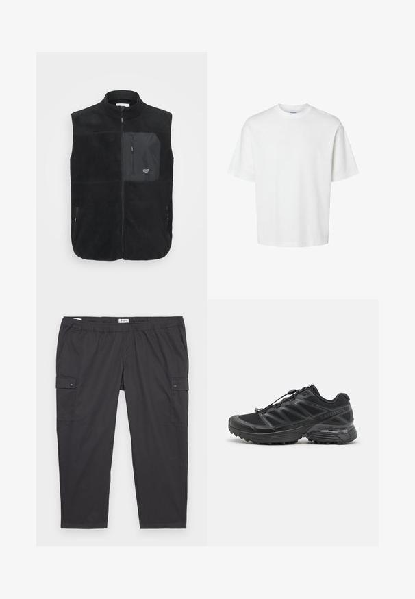 Melnā vilnas veste ar augstu apkakli, priekšējo rāvējslēdzēju un rāvējslēdzēja krūšu kabatu. Satur divas sānu kabatas un mīkstu, teksturētu apdari.; Balts kokvilnas T-krekls ar īsām piedurknēm, apaļu kakla izgriezumu un brīvu piegriezumu. Gluda tekstūra bez redzamām rakstu vai akcentu detaļām.; Melni cargo bikses ar elastīgu jostasvietu, sānu kabatām un spiedpogām. Izgatavotas no viegla, gluda auduma.; Melna skrienošā apava ar sietveida un sintētisku augšdaļu, elastīgu zoli un elastīgām šņorēm. Iekļauta mīkstināta starpzole komfortam.