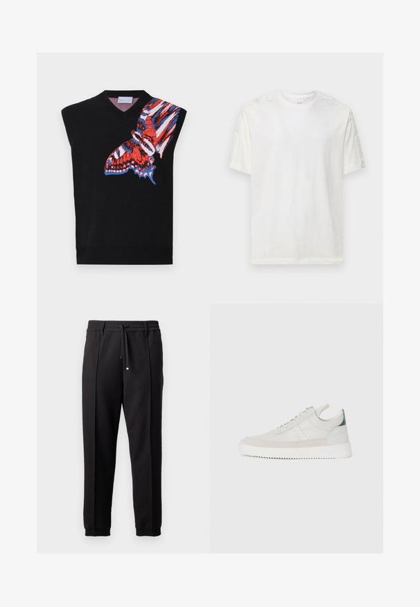 Black sleeveless knit top featuring a colorful butterfly graphic in red, blue, and white on the left side; V-neck design and ribbed hem.; White cotton t-shirt with a round neck, short sleeves, and textured accents along the shoulders. Features embroidered logo on the sleeves.; Black trousers with a waistband, drawstring, and elastic cuffs. Features pleats and a smooth, textured fabric.; White leather sneakers with gray suede accents, lace-up design, pull tab, and textured rubber sole featuring a zigzag pattern.