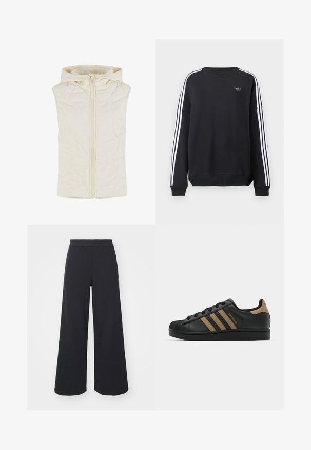 Quilted vest in cream color, featuring a hood, front zipper closure, and smooth texture with wave patterns on the fabric.; Black sweatshirt with long sleeves, white stripes running down each arm, and a small gray logo on the chest. Cotton material, casual fit.; Black wide-leg sweatpants made from soft fabric, featuring an elastic waistband and a small logo on the left side.; Black leather sneaker with three brown stripes, textured rubber toe cap, lace-up front, and flat black sole. Features a subtle logo on the heel.