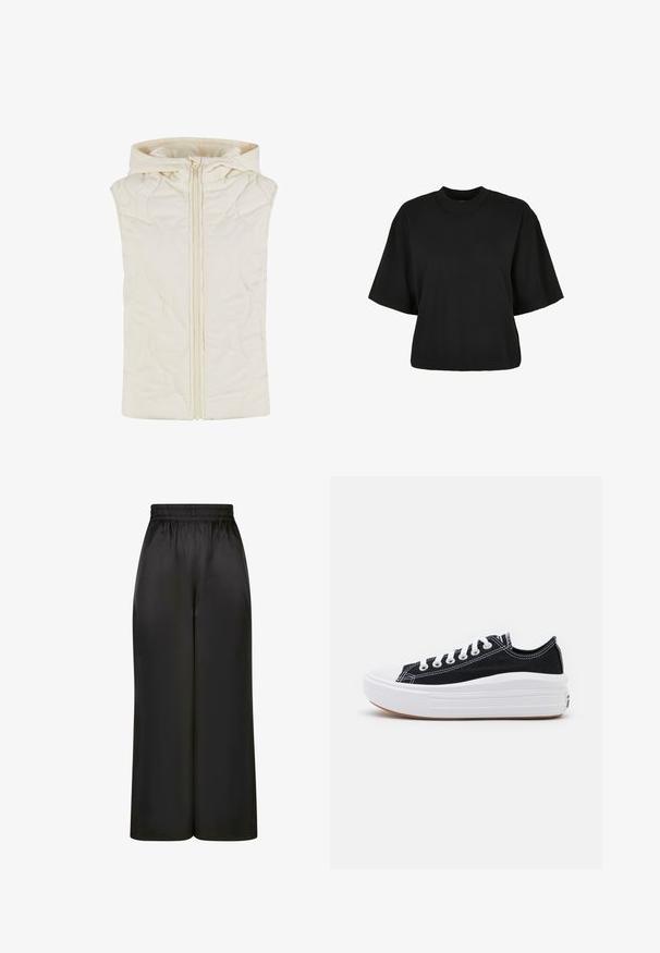 Quilted vest in cream color, featuring a hood, front zipper closure, and smooth texture with wave patterns on the fabric.; Black cropped t-shirt made of cotton. Features short sleeves and a round neckline. Smooth texture with a simple design, no additional patterns.; Black wide-leg pants made of smooth, shiny fabric with an elastic waistband and no visible pockets or hardware details.; Black canvas sneakers with white laces, white rubber toe cap, and a chunky white midsole. Features subtle white stitching and a gum sole.