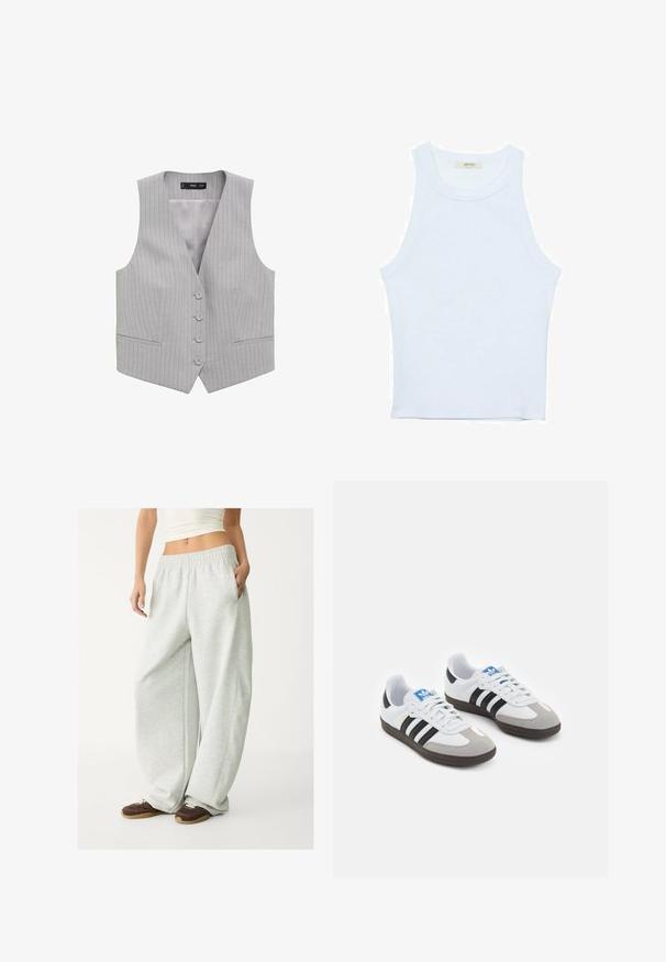 Sivý pruhovaný vest s V-výstrihom, piatimi prednými gombíkmi a dvoma prednými vreckami; vyrobený z hladkej tkaniny s jemnou textúrou.; Biele tielko, rebrový textúra, okrúhly výstrih, bezrukávový dizajn, priliehavý strih, diskrétne logo na štítku vo vnútri oblasti goliera.; Svetlo šedé tepláky s elastickým pásom, bočnými vreckami a voľným strihom. Vyrobené z mäkkej, textúrovanej látky; s jemnými švami.; Športové topánky s bielym koženým zvrškom, šedou semišovou špičkou a tromi čiernymi pruhmi. Obsahujú modré logo na jazyku a štruktúrovanú gumovú podrážku.