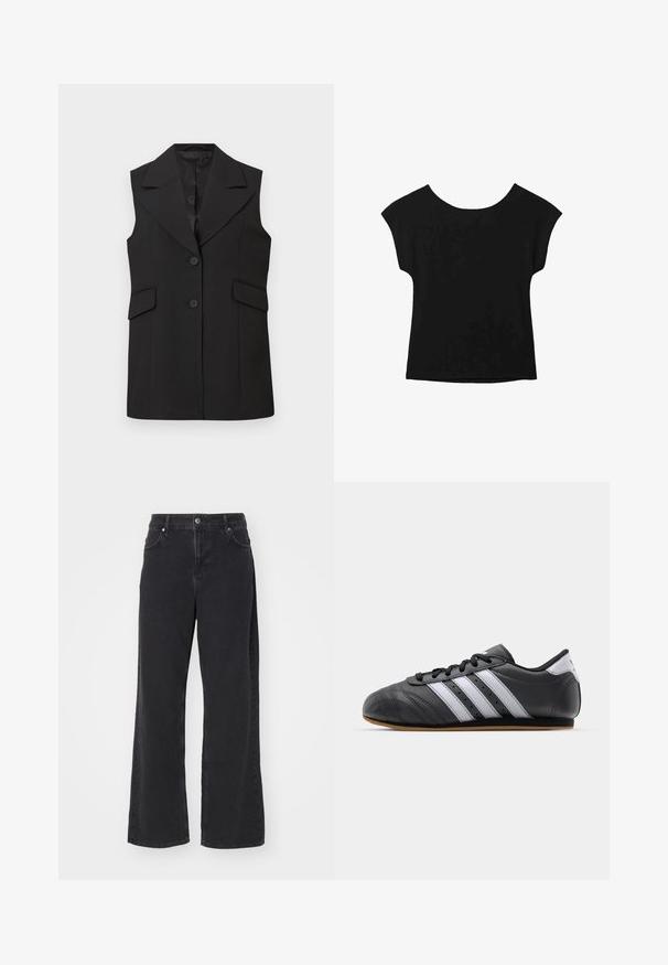 Čierny bezrukávový vest s ostrým golierom, s dvoma gombíkmi a dvoma prednými vreckami. Vyrobený z hladkej látky s prispôsobeným strihom.; Čierny krátky rukáv s širokým výstrihom a voľným strihom. Vyrobené z mäkkej látky bez viditeľných vzorov alebo ozdôb.; Čierne džínsové nohavice širokého strihu s vysokým pásom, dizajn s piatimi vreckami a zapínaním na zips. Hladká textúra s minimom viditeľných švov.; Čierne kožené športové topánky s bielymi pruhmi, okrúly špička, plochá podrážka a šnurovanie. Obsahujú perforácie pre lepšiu priedušnosť.