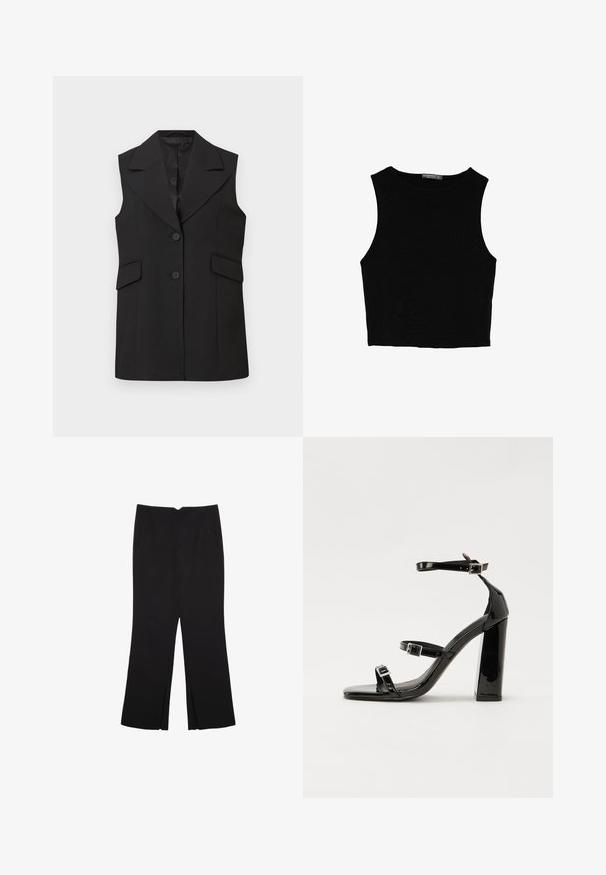 Črn brezrokavnik z ostrim ovratnikom, dvema gumboma in dvema sprednjima žepoma. Narejen iz gladkega materiala z prilagojenim krojem.; Črn brez rokavov crop top, izdelan iz gladkega materiala, z okroglim izrezom in čistim, preprostim dizajnom brez vzorcev ali dodatkov.; Črne hlače ravnega kroja z naglavnimi žepi in stranskimi razporki na robu. Narejene iz mehke, gladke tkanine. Primerne za različne priložnosti.; Črne lakirane sandale s peto, kvadratnim prstom, trakovi okrog gležnja in srebrnimi zaponkami. Opremljene so s stabilno Debelo peto.