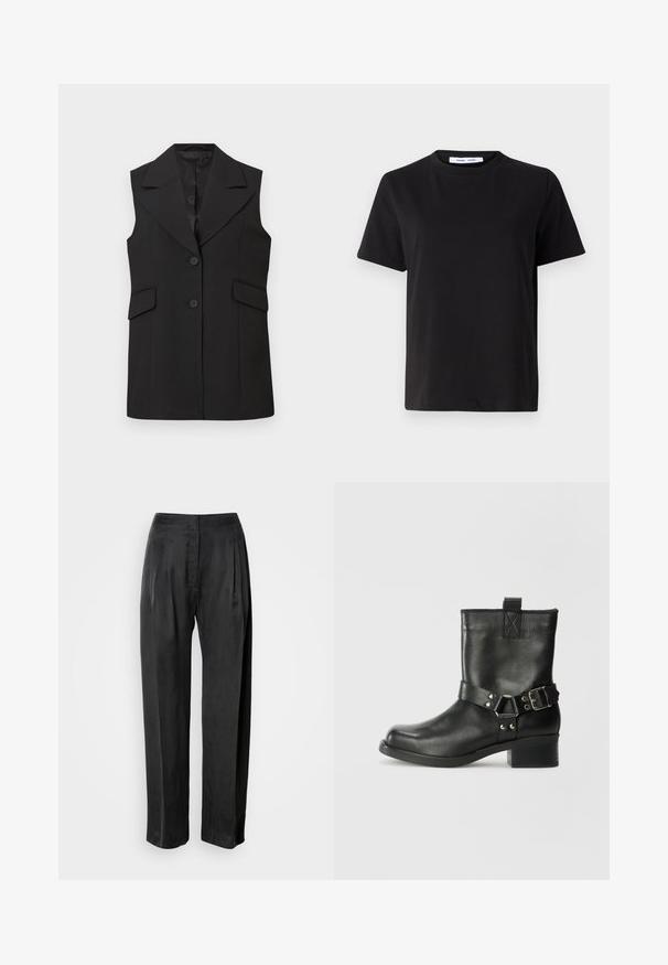 Crni bezrukavnik s oštrim ovratnikom, dva gumba i dva prednja džepa. Napravljen od glatkog materijala s krojem koji pristaje.; Crna kratka majica s kratkim rukavima od mekanog pamuka, s okruglim izrezom, opuštenim krojem i glatkom teksturom. Nema vidljivih uzoraka ili grafike.; Crne široke hlače s ravnim nogavicama od glatke tkanine, s prednjim naborima, patentnim zatvaračem i klasičnim dizajnom pojasa.; Samsøe Samsøe SABRENTA - Kaubojske/motorističke gležnjače - black