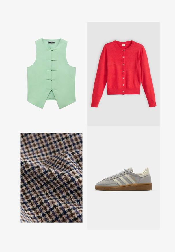 Mint zelena bezrukavna prsluk s visokim ovratnikom, s pet prednjih kopči i kutnim bočnim šavovima za elegantan izgled. Glatka, tkanina od vlakana.; Crvena cardigan od mekane tkanine s okruglim izrezom, dugim rukavima i kopčanjem sprijeda. Ima usklađene gumbe.; Tekstil u karo uzorku koji sadrži bež, smeđe, mornarsko plave i crne boje s teksturiranim završetkom. Mekani i lepršavi izgled.; Sive suede tenisice s svijetlosivim kožnim prugama i gumiranim potplatom. Značajke uključuju vezanje na vezice i suptilno brendiranje na jeziku.