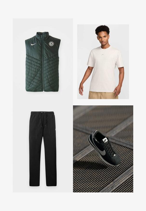 Grønn polstret vest laget av syntetisk materiale, med høy krage, glidelås, skrå quiltet mønster, og Chelsea FC-logo på brystet.; Mann med kort, krøllete hår iført beige Nike t-skjorte og khaki shorts, som står med ansiktet vendt fremover mot en ensfarget lys bakgrunn.; Sorte joggebukser laget av fleece, med elastisk liv med snøring, to frontlommer og en liten logo på låret.; Sorte Nike-sneaker med grå detaljer, suede og mesh-materialer, teksturert såle, smal form og klassisk snøredesign.