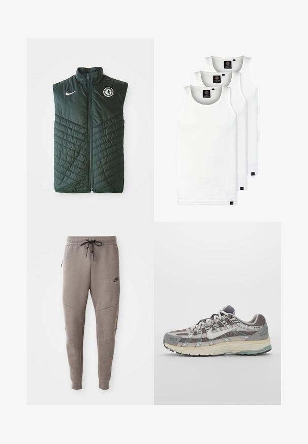 Zöld párnázott mellény szintetikus anyagból, magas gallérral, cipzáras lezárással, átlós steppelési mintával és Chelsea FC logóval a mellkason.; Három fehér csíkos pamut trikó. Felső része kerek nyakkivágású, és a szegély közelében kis fekete címkék találhatók. Több méretben elérhető.; Szürke Nike melegítőnadrág húzózsinórral a deréknál, keskeny lábakkal, oldalsó zsebekkel és jellegzetes varrás részletekkel. Puha, texturált anyag.; Szürke sportcipő, hálós és velúr felsőrésszel, fehér részletekkel, párnázott talppal és jellegzetes dizájnnal, amely visszaverő elemeket tartalmaz.