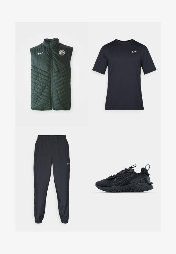 Green padded vest made of synthetic material, featuring a high collar, zip closure, diagonal quilted pattern, and a Chelsea FC logo on the chest.; Black short-sleeve Nike t-shirt made of smooth fabric, featuring a white swoosh logo on the upper left side, crew neckline.; Black track pants made from lightweight fabric with an elastic waistband, ankle cuffs, and a discreet Nike logo on the left side.; Black athletic shoe with a breathable mesh upper, textured accents, and a wavy rubber sole. Features reflective logo and lacing system.