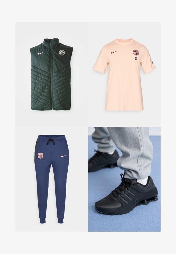 Jachetă verde căptușită din material sintetic, cu guler înalt, închidere cu fermoar, model matlasat diagonal și logo Chelsea FC pe piept.; Tricou cu mânecă scurtă pentru bărbați, din material piersică deschisă. Are logo-ul Nike în nuanță de bleumarin și stema FC Barcelona pe piept, cu un design cu guler rotund.; Pantaloni de trening bleumarin cu manșete elastice, având un logo roz și scutul Barcelonei, buzunare laterale și accente negre pe panourile laterale.; Persoană îmbrăcată cu adidași negri Nike Shox și pantaloni de trening gri, stând pe un covor de culoare albastru deschis.