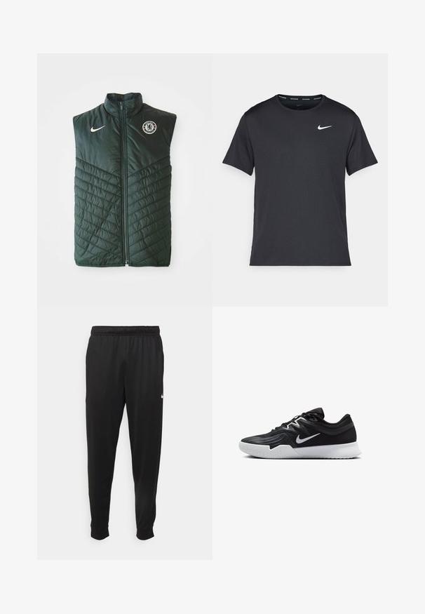 Zeleni podstavljeni prsluk od sintetičkog materijala, s visokim okovratnikom, zatvaranjem na zip, dijagonalnim prenutim uzorkom i logotipom Chelsea FC na prsima.; Crna Nike majica za trčanje napravljena od laganog, prozračnog materijala, s kratkim rukavima i malim bijelim logotipom na prsima.; Crne atletske hlače od glatkog materijala, s elastičnom pasicom, sužavajućim nogavicama i malim bijelim logom na lijevoj strani.; Crna sportska cipela s teksturiranim gornjim dijelom, bijelim Nike swooshom i bijelim gumennim potplatom. Ima dizajn s vezanjem i dinamičan oblik.