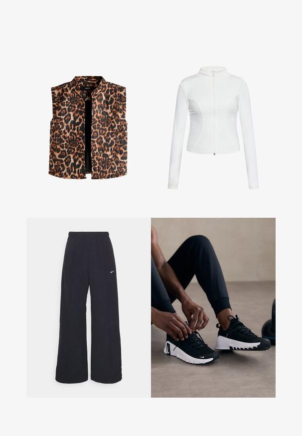 Mouwloze vest met panterprint en een mandarin kraag, in verschillende tinten bruin en zwart op een lichte achtergrond en met een rechte zoom.; Witte zip-up jas met lange mouwen, een gladde textuur, een aansluitend design en gebogen naaddetails langs de zijkanten.; Zwart zwemkledingstof met een gladde textuur, gebogen banden en platte naden, ontworpen voor comfort en flexibiliteit tijdens gebruik.; Zwarte wijde broek met een elastische tailleband en een klein wit Nike-logo. De stof heeft een soepele textuur, ontworpen voor comfort en casual gebruik.; Zwarte sportieve schoenen met een geëtste zwarte bovenkant, witte zool en rubberen loopvlak. De veters zijn gestrikt, wat een slank ontwerp en logo laat zien.