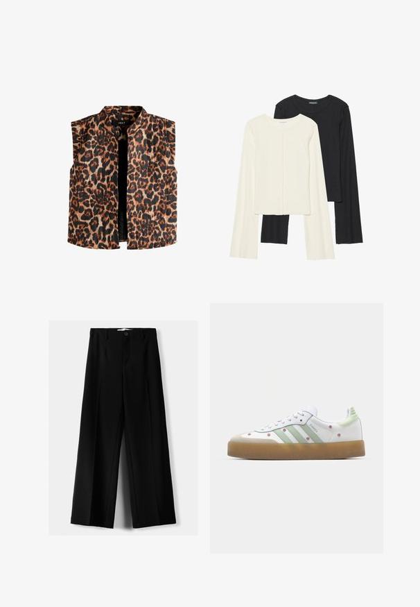 Gilet senza maniche con stampa leopardata e colletto alla cinese, caratterizzato da tonalità di marrone e nero su uno sfondo chiaro e orlo dritto.; Set di due maglie a maniche lunghe, bianche e nere. Texture a coste, scollo tondo, design aderente con maniche leggermente svasate.; Pantaloni neri a gamba larga realizzati in tessuto leggero, caratterizzati da una chiusura frontale con bottone e frontale piatto, con orli cuciti con precisione.; Sneaker bianco con accenti verdi, tre strisce, ricami floreali e suola in gomma. Presenta una punta arrotondata e un design con lacci.
