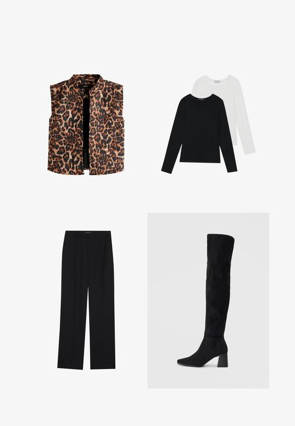 Ärmellose Weste im Leopardenmuster mit Stehkragen, in Brauntönen und Schwarz auf einem hellen Hintergrund und mit geradem Saum.; Zwei Langarmoberteile, eines schwarz und eines weiß, beide mit einem quadratischen Ausschnitt und aus weichem, dehnbarem Stoff.; Schwarze Hose mit geradem Bein, ausgestattet mit zwei frontalen Taschen und einem Taillenbund. Hergestellt aus einem glatten, leichten Stoff.; Schwarze Wildleder-Stiefel bis zum Knie mit Blockabsatz, spitzer Zehe und glattem, nahtlosem Design auf einem schlichten, hellen Hintergrund.