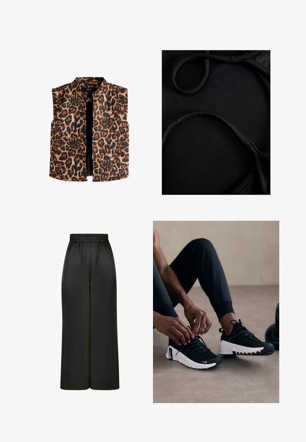 Ženska brezrokavnik z leopardjim vzorcem in mandarinskim ovratnikom, ki vključuje odtenke rjave in črne na svetlem ozadju ter ravno obrobo.; Črn material za kopalke z gladko teksturo, ukrivljenimi naramnicami in ravnimi šivi, zasnovan za udobje in prilagodljivost med uporabo.; Črne široke hlače iz gladkega, sijočega materiala z elastičnim pasom in brez vidnih žepov ali kovinskih detajlov.; Črne športne čevlje z strukturiranim črnim zgornjim delom, belim podplatom in gumijastim profilom. vezalke so zavezane, kar kaže na eleganten dizajn in logotip.