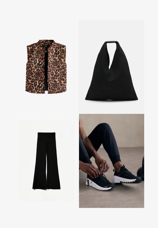 Ärmellose Weste im Leopardenmuster mit Stehkragen, in Brauntönen und Schwarz auf einem hellen Hintergrund und mit geradem Saum.; Schwarzer Badebekleidungsstoff mit glatter Textur, geschwungenen Trägern und flachen Nähten, entworfen für Komfort und Flexibilität während des Gebrauchs.; Schwarze Schlaghosen mit weitem Bein, ausgestattet mit einer glatten Textur und einem hohen Bund. Hergestellt aus dehnbarem Stoff für optimalen Komfort.; Schwarze Sportschuhe mit einer strukturierten schwarzen Oberfläche, weißer Sohle und Gummi-Profil. Die Schnürsenkel sind gebunden und zeigen ein elegantes Design und Logo.; Schwarze Stofftragetasche mit einem einzigartigen V-förmigen Design und glatter Textur. Verfügt über einen kurzen Griff mit minimalistischem Hardware-Detail.