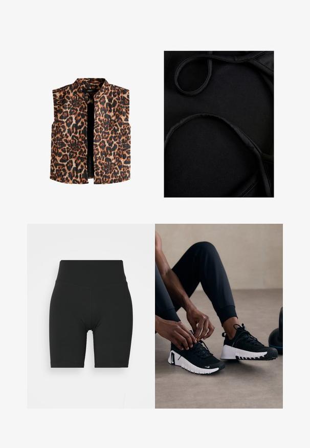 Prsluk bez rukava s uzorkom leoparda, s mandarin ovratnikom, u nijansama smeđe i crne boje na svijetloj podlozi i ravnim rubom.; Crni kupaći materijal s glatkom teksturom, zakrivljenim naramenicama i ravnim šavovima, osmišljen za udobnost i fleksibilnost tijekom upotrebe.; Crne biciklističke kratke hlače visokog struka, izrađene od rastezljivog materijala, s glatkom teksturom i čistim šavovima, dizajnirane za udobnost i fleksibilnost.; Crne atletske cipele s teksturiranim crnim gornjim dijelom, bijelim potplatom i gumenim gaznim slojem. Čipke su vezane, pokazujući elegantan dizajn i logo.