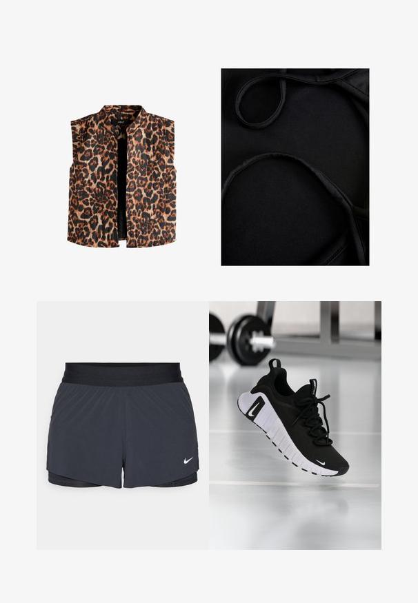 Gilet senza maniche con stampa leopardata e colletto alla cinese, caratterizzato da tonalità di marrone e nero su uno sfondo chiaro e orlo dritto.; Tessuto costumi da bagno nero con texture liscia, spalline curve e cuciture piatte, progettato per comfort e flessibilità durante l'uso.; Pantaloni sportivi neri con vita elastica, caratterizzati da un design a strati e un piccolo logo Nike bianco in basso a sinistra. Materiale leggero.; Scarpa sportiva nera con tomaia in tessuto testurizzato, suola bianca e sistema di allacciatura prominente. Presenta un logo Nike e un design morbido e imbottito.