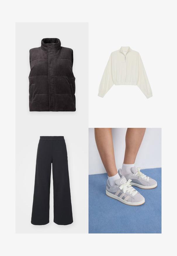 Tumši pelēks korduroja bieza bezmuguras veste ar augstu apkakli un priekšējām kabatām, parādīta uz baltas fona.; Kreptais pusītes džemperis krēmkrāsā, ar augstu apkakli, puszipa aizdari, elastīgu apakšmalu un aprocēm, ar gludu tekstūru un minimālistisku dizainu.; Melni platās svārku bikses, izgatavotas no mīksta auduma, ar elastīgu jostas daļu un mazu logotipu kreisajā pusē.; Pelēki zamša sporta apavi ar baltām šņorēm un gumijas zoli, ar trim diagonālām svītrām sānos un logotipa uzšuvi uz mēles.