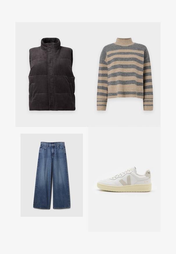 Dark gray corduroy padded sleeveless vest with high collar and front pockets, displayed on white background.; Striped knit sweater featuring gray and beige colors, high neck, wide cuffed sleeves, and a relaxed fit with a cropped design.; Wide-leg blue denim jeans with a faded finish, featuring a button and zipper closure, five pockets, and belt loops.; White leather sneaker with beige suede accents, perforated toe box, flat laces, and a textured cream sole. Features subtle branding on heel.