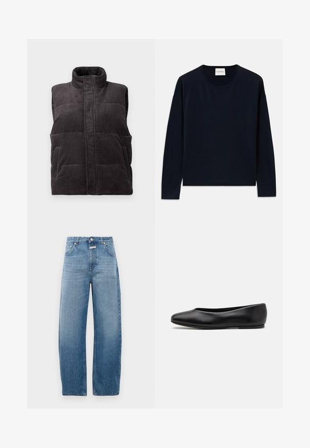 Temno siva kordirana brezrokavnik s podložitvijo, visokim ovratnikom in sprednjimi žepi, predstavljen na beli podlagi.; Mornarsko modra dolgoročná majica s okruglim izrezom iz mehkega in gladkega materiala z sproščenim krojem. Ima rebraste manšete in spodnji del ter oznako na vratu.; Svetlo modri kavbojski hlače, visok pas, s ravnim krojem nogavic. Imajo klasično zasnovo s petimi žepi in kovinsko gumbno zapiranje.; Paul Smith TOPANGA - Balerinke - black