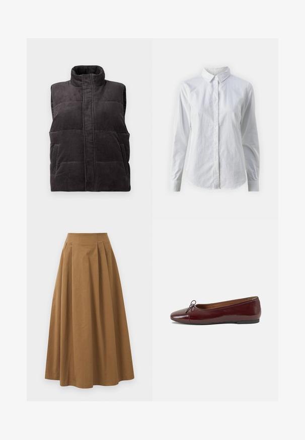Dark gray corduroy padded sleeveless vest with high collar and front pockets, displayed on white background.; White button-up shirt made of smooth cotton, featuring a classic collar, long sleeves, and a curved hem. Buttons are small and white.; Brown cotton A-line skirt with a high waist, featuring pleats down the front and a smooth texture. Hem finishes are clean and simple.; Burgundy patent leather ballet flat with a rounded toe, small bow accent at the front, and a low, black rubber sole. Smooth texture.