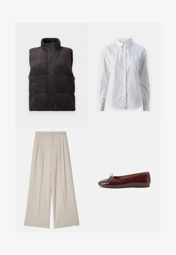 Dark gray corduroy padded sleeveless vest with high collar and front pockets, displayed on white background.; White button-up shirt made of smooth cotton, featuring a classic collar, long sleeves, and a curved hem. Buttons are small and white.; Beige wide-leg trousers with a smooth texture, featuring front pleats, a flat waistband, and a tailored design for a loose fit.; Burgundy patent leather ballet flat with a rounded toe, small bow accent at the front, and a low, black rubber sole. Smooth texture.