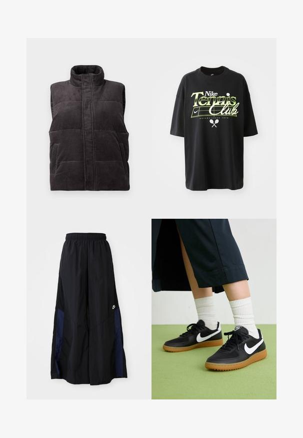 Tamsiai pilkas šviesus, užpildytas be rankovių liemenė su aukštu apykakle ir priekinėmis kišenėmis, pateikta ant baltos fono.; Juodas medvilninis marškinėliai su trumpomis rankovėmis, su žaliai baltu "Nike Tennis Club" grafiku, iliustracijomis su teniso kamuoliuku ir rakete.; Juodos plačios kojų kelnės, pagamintos iš lengvos medžiagos, su tamsiai mėlyna šonine juostele ir elastinga juosmens juosta. Maža balta logotipo etikete apačioje.; Juodos odinės ir sintetinių medžiagų sportbačiai su balta Nike swoosh, guminis padas, apvalus pirštas ir juodi raišteliai. Matomos banguotos baltos kojinės.