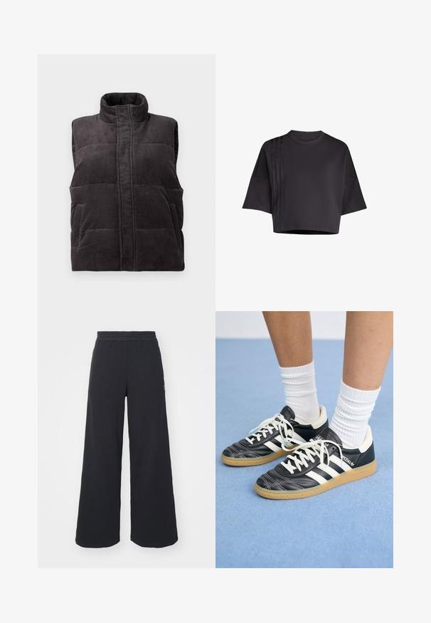 Donkergrijze corduroy gewatteerde mouwloze vest met hoge kraag en voorzakken, weergegeven op een witte achtergrond.; Zwarte cropped t-shirt met een ronde hals, losse korte mouwen, met verticale satijnen streepaccenten aan de linkerkant. Gladde textuur.; Zwarte wijde sweatpants gemaakt van zachte stof, met een elastische tailleband en een klein logo aan de linkerkant.; Zwarte leren sneakers met witte strepen, ronde neus, witte veters en een gumrubberen zool. Versterkt met een gevoerd kraag en merkdetails.