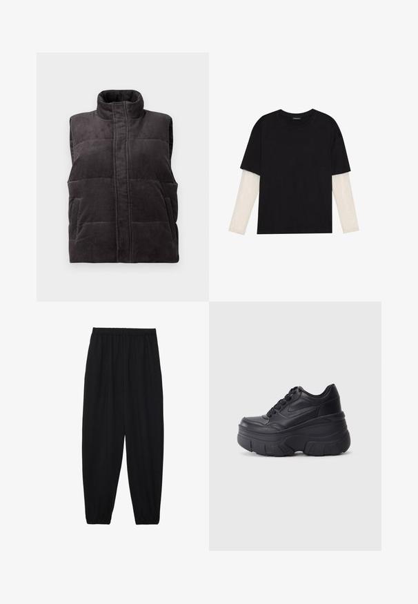 Tamsiai pilkas šviesus, užpildytas be rankovių liemenė su aukštu apykakle ir priekinėmis kišenėmis, pateikta ant baltos fono.; Juodas medvilninis marškinėliai su trumpomis rankovėmis, virš baltos ilgo rankovio sluoksnio, turinčio subtilų tekstūrinį raštą. Apvalus iškirpimas.; Juodi, lengvi kelnių su elastinga juosmens juosta ir surinktais kulkšniais. Audinys yra lygus ir turi atsipalaidavusį, siaurėjantį dizainą.; Juodi lakuoti sportbačiai su masyviu padu, turintys sklandų odinį viršų, suapvalintą pirštą ir išskirtinį sluoksniuotą platformos dizainą.