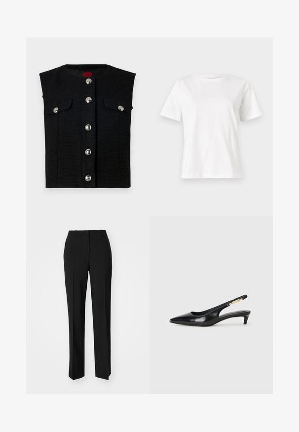 Black textured vest with a round neckline, silver snap buttons down the front, and two chest pockets. Smooth inner lining.; White cotton t-shirt with short sleeves, round neckline, and a relaxed fit. Smooth texture, no patterns or accents, minimalistic design.; Black tailored trousers with a straight-leg design, featuring a smooth texture and crisp creases along the front. No visible hardware.; Black leather slingback heels with a pointed toe, featuring a slim heel and a gold-tone accent on the adjustable strap. Smooth texture.