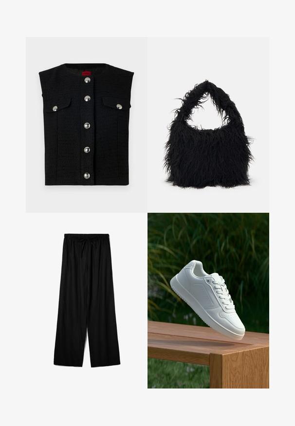 Zwart gestructureerd vest met een ronde hals, zilveren drukknoopjes aan de voorkant en twee borstzakken. Glad binnenvoering.; Zwarte top met een solide lichaam en doorschijnende, uitlopende mouwen. Heeft strikaccenten bij de manchetten. Gemaakt van een gladde stof met een getailleerd ontwerp.; Zwarte wijde broekspijpen gemaakt van lichtgewicht stof, met een elastische tailleband en een trekkoord voor een verstelbare pasvorm. Soepele textuur.; Witte sneaker met een gladde synthetische bovenkant, geperforeerde neus, platte veters en een gestructureerde zool, tentoongesteld op een houten oppervlak.; Even&Odd Shopper - black