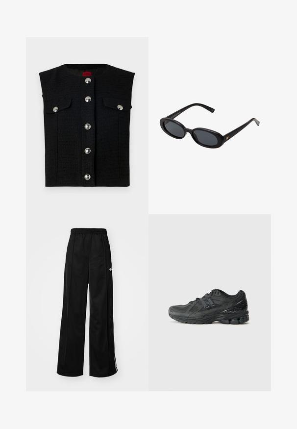 Black textured vest with a round neckline, silver snap buttons down the front, and two chest pockets. Smooth inner lining.; White long-sleeve cropped t-shirt made from cotton, featuring a round neck and a single chest pocket. Smooth texture with a minimalist design.; Black wide-leg track pants with an elastic waistband, featuring white side stripes and a small logo on the left hip. Smooth fabric texture.; Black running shoes featuring a mesh upper, padded collar, synthetic accents, and a textured sole with visible cushioning elements.; Black oversized sunglasses with oval lenses, smooth plastic frame, and gold accents on temple. Dark lenses provide sun protection.