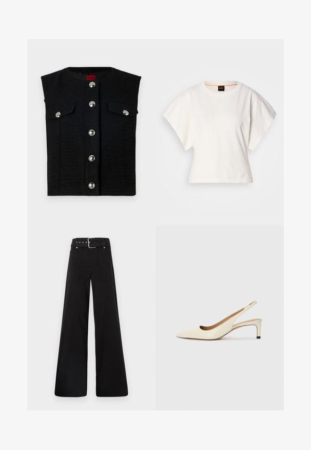 Czarna kamizelka o fakturze, z okrągłym dekoltem, srebrnymi zatrzaskami z przodu oraz dwiema kieszeniami na piersiach. Gładkie wewnętrzne podszycie.; Biała, krótka koszulka z szerokimi rękawami, wykonana z miękkiej bawełny, okrągły dekolt z delikatnym pomarańczowym wykończeniem, minimalistyczny design, bez wzorów i grafik.; Czarne spodnie o szerokich nogawkach wykonane z bawełny, z wysokim stanem, dużymi bocznymi kieszeniami i paskiem w talii z akcentami w kolorze srebrnym.; Sandały na niskim obcasie w kolorze kości słoniowej, z ostrym noskiem i wycięciami, o gładkiej teksturze i minimalnych akcentach.