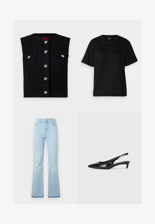 Μαύρο βελούδινο γιλέκο με στρογγυλή λαιμόκοψη, ασημένια κουμπιά με σφήνα κατά μήκος του μπροστινού μέρους και δύο τσέπες στο στήθος. Λείος εσωτερικός επενδύτης.; Μαύρο βαμβακερό μπλουζάκι με στρογγυλή λαιμόκοψη, κοντά μανίκια και κεντημένο λογότυπο στο στήθος. Απλή, χαλαρή γραμμή χωρίς σχέδια.; Απαλά μπλε τζιν από τζιν ύφασμα σε φαρδιά γραμμή, με ψηλή μέση, μπροστινές τσέπες και ανάγλυφο τελείωμα στους καρπούς για μια χαλαρή εμφάνιση.; Μαύρες δερμάτινες γόβες slingback με μυτερή μύτη, διαθέτοντας λεπτό τακούνι και χρυσή λεπτομέρεια στην ρυθμιζόμενη λωρίδα. Λείος υφές.