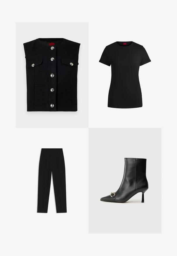 Zwart gestructureerd vest met een ronde hals, zilveren drukknoopjes aan de voorkant en twee borstzakken. Glad binnenvoering.; Zwart katoenen T-shirt met korte opgerolde mouwen, een ronde halslijn en een rood label. Glad textuur, aansluitende pasvorm met minimale details.; Zwarte broeken met een rechte pasvorm, voorzien van dubbele plooien, een zachte textuur en een klassiek taillebandontwerp. Geen zichtbare hardware of accenten.; Zwarte leren enkelboot met spitse neus, slanke middenhoge hak en zilveren gespdetail aan de zijkant op een effen achtergrond.