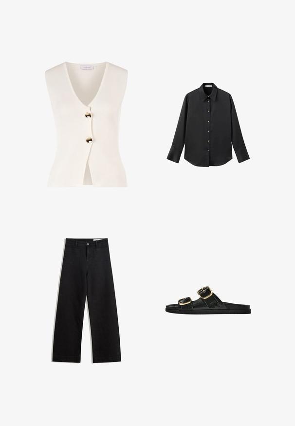 Hvid ærmeløs cardigan med v-udskæring og guld knapper foran. Fremstillet af et struktureret materiale, har den en tætsiddende facon og åben front.; Sort langærmet skjorte i glat stof, med klassisk krave, frontlukning med guldtonede knapper og brede manchetter.; Sorte wide-leg denim bukser med høj talje, der har front- og baglommer, syede sømme og en knaplukning. Glat tekstur.; Sort skridsandal med to guldspænder, glat tekstureret materiale, flad sål og et minimalistisk design.