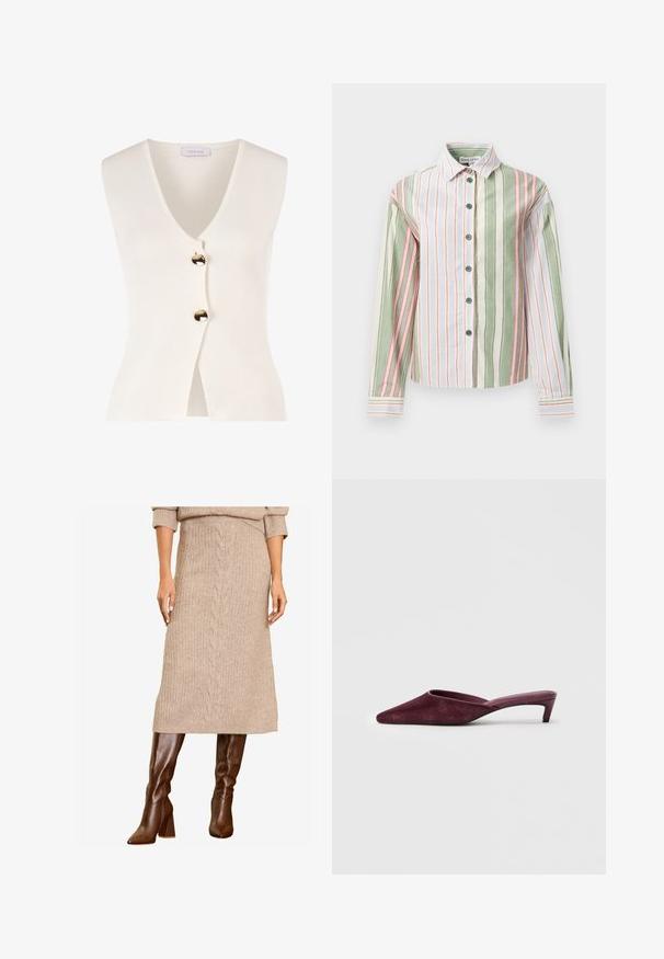 Weißer ärmelloser Cardigan mit V-Ausschnitt und goldenen Knöpfen an der Vorderseite. Aus einem strukturierten Material gefertigt, hat er eine figurbetonte Form und eine offene Vorderseite.; Gestreiftes Hemd in Grün, Weiß und Pink. Verfügt über einen Kragen, lange Ärmel und einen gebogenen Saum mit kontrastierenden Manschetten und Knöpfen.; Eine Frau präsentiert einen beigen Strickpullover und einen passenden Midi-Rock, kombiniert mit stilvollen braunen kniehohen Stiefeln, und steht selbstbewusst.; Burgunderfarbene Mules aus weichem Wildleder, mit spitzem Zehenbereich, offener Rückseite und einem schlanken, niedrigen Absatz für eine elegante Silhouette.