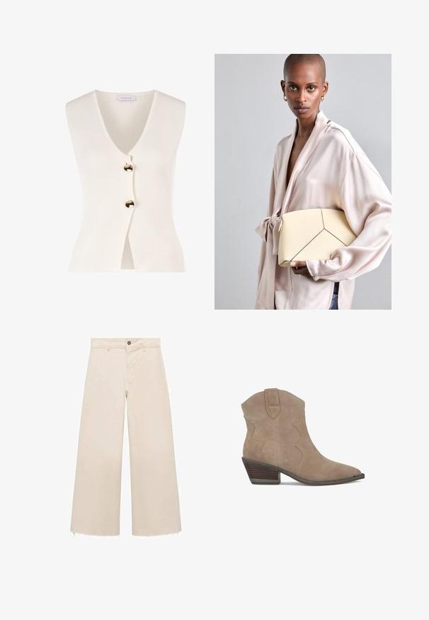 Weißer ärmelloser Cardigan mit V-Ausschnitt und goldenen Knöpfen an der Vorderseite. Aus einem strukturierten Material gefertigt, hat er eine figurbetonte Form und eine offene Vorderseite.; Weißes Baumwoll-Top mit Rundhalsausschnitt, ohne Ärmel und figurbetontem Schnitt. Glatte Textur, schlichtes Design und minimale Nähdetails.; Weit geschnittene Hose aus leichtem beigen Baumwollstoff mit Knopfverschluss, dezent fransigem Saum und lockerem Schnitt.; Beige Wildleder-Ankle Boots mit spitzem Zehenbereich, geschwungenen Nahtdetails und einem gestapelten Absatz. Mit einem Zugtab für einfaches Anziehen.; Helle Handtasche mit strukturierter Form und kontrastierenden schwarzen Nähten, die ein geometrisches Design aufweist. Glatte Textur mit goldenen Hardware-Akzenten.