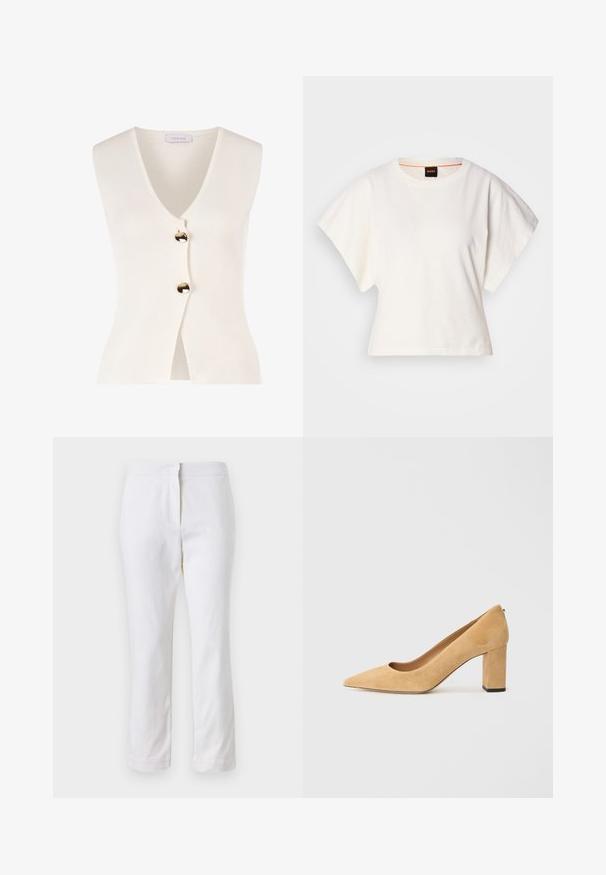 Cárdigan sin mangas blanco con escote en V y botones dorados en la parte delantera. Está hecho de un material texturizado, presenta una forma ajustada y un frente abierto.; Camiseta blanca recortada, con mangas cortas y anchas, material de algodón suave, cuello redondo con un sutil ribete naranja, diseño minimalista, sin patrones ni gráficos.; Pantalones de algodón blancos con un diseño de pierna recta, que cuentan con una cintura de media altura y sin herrajes o patrones visibles. Textura suave en todo su recorrido.; Zapato de tacón alto de ante beige con punta fina y tacón cuadrado grueso. El material tiene una textura suave con un acabado liso.