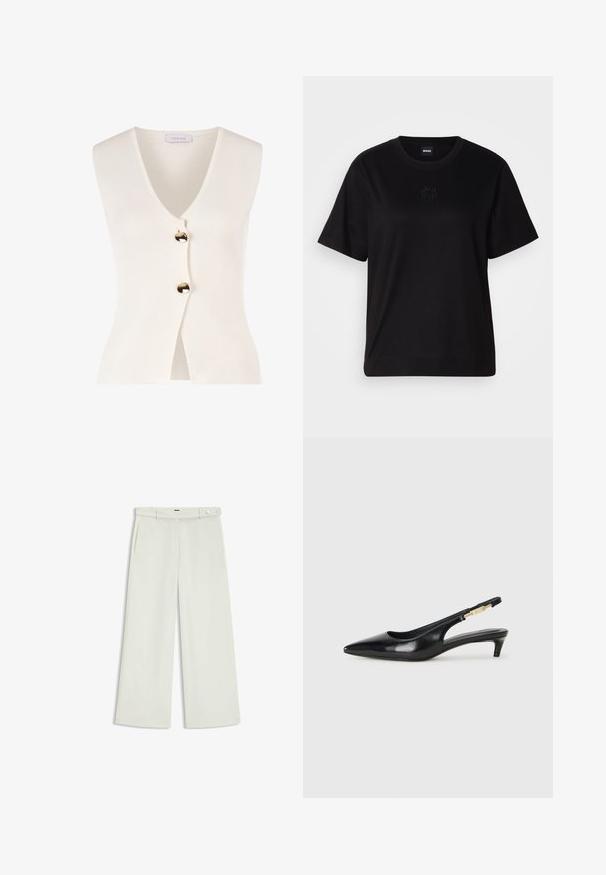 Weißer ärmelloser Cardigan mit V-Ausschnitt und goldenen Knöpfen an der Vorderseite. Aus einem strukturierten Material gefertigt, hat er eine figurbetonte Form und eine offene Vorderseite.; Schwarzes Baumwoll-T-Shirt mit Rundhalsausschnitt, kurzen Ärmeln und aufgesticktem Logo auf der Brust. Einfacher, lässiger Schnitt ohne Muster.; Weite Hose aus zartem Creme-Stoff, mit seitlichen Taschen, flatem Bund und einer Knopfverschluss an der Taille. Glatte Textur.; Schwarze Leder-Slingback-Pumps mit spitzem Schuhblatt, ausgestattet mit einem schlanken Absatz und einem goldfarbigen Akzent am verstellbaren Riemen. Glatte Textur.