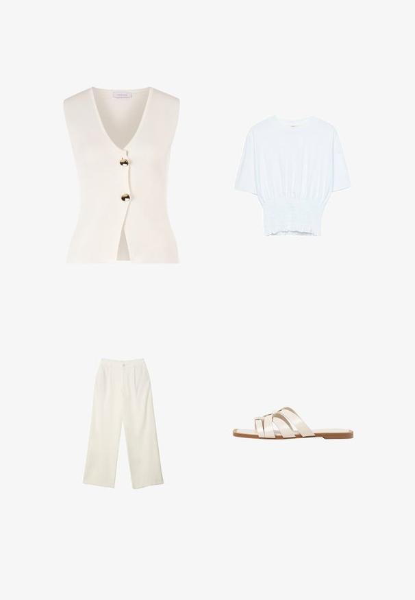Hvid ærmeløs cardigan med v-udskæring og guld knapper foran. Fremstillet af et struktureret materiale, har den en tætsiddende facon og åben front.; Hvid kortærmet T-shirt med afslappet pasform og smocked tekstur ved taljen. Lavet af blødt, letvægtsstof.; Bredde bukser i cremefarvet stof med en glat tekstur, der har en enkelt knap foran, diskrete folder og design med høj talje.; Flade sandaler med en lys gummisål, designet med tre overlappende hvide læderremme og en lille sløjfe detalje i midten.