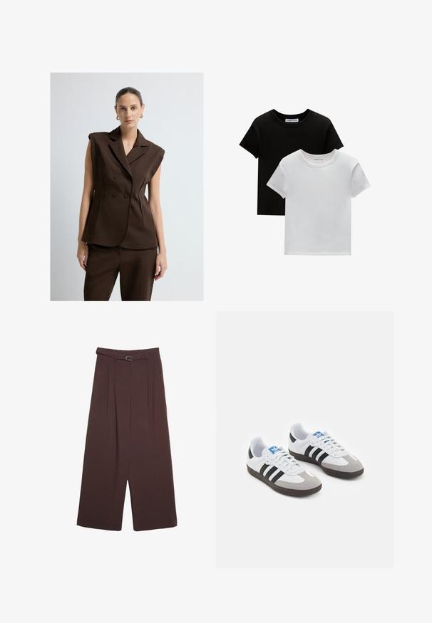Nainen, jolla on taakse slickattu hiustyyli, pukeutuneena hihattomaan ruskeaan kaksiriviseen bleiseriin ja siihen sopiviin housuihin, seisoo yksinkertaista valkoista taustaa vasten.; Kaksi crew-neck t-paitaa mustana ja valkoisena, valmistettu puuvillasta. Ne sisältävät lyhyet hihat ja yksivärisen muotoilun ilman kuvioita tai korostuksia.; Stradivarius WIDE-LEG WITH BUCKLE DETAIL - Housut - dark brown; Urheilukengät, joissa on valkoinen nahkainen päällinen, harmaa mokkanokka ja kolme mustaa raitaa. Ominaisuuksina sininen logo kielekkeessä ja kuvioitu kumipohja.