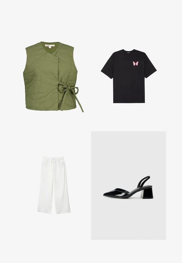 Olivgrüwest gestepptes Weste mit Wickeldesign, das eine Bindeschnur an der Seite aufweist. Glatte Textur mit dezenten Wellenstichdetails.; Schwarzes Baumwoll-T-Shirt mit kurzen Ärmeln, das ein kleines pinkes Schmetterlingsmotiv auf der linken Brust zeigt. Crewneck-Design mit einem entspannten Schnitt.; Weiße, weite Hosen aus weichem Stoff, mit einem Kordelzug in der Taille und zwei vorderen Taschen. Glatte Textur und keine sichtbaren Muster.; Schwarze Lackleder-Slingback-High Heels mit spitzem Schuh und einem geometrischen Blockabsatz. Verfügt über ein schlankes, minimalistisches Design und eine glatte Textur.
