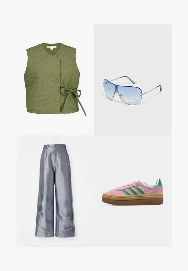 Olijfgroene gewatteerde vest met een wikkelontwerp, voorzien van een striksluiting aan de zijkant. Gladde textuur met subtiele golfvormige stikdetails.; Teal katoenen t-shirt met gele geribde kraag en manchetten. Kenmerkt zich door grote gele tekst: "Sportmanufaktur adidas HERZOGENAURACH" en het logo.; Zijde-brede broek van glanzend grijs materiaal, met witte zijstreep en een vlampatroon op de onderbenen. Knopen- en ritssluiting in de taille.; Roze suede sneakers met groene strepen, witte accenten en een bruine rubberen zool. Heeft een gestructureerde stof en logodetails aan de zijkant.; Aviator zonnebril met een gradient blauwe lens, zilveren metalen frame en decoratieve sterrenaccenten op de lens. Glad en strak ontwerp.
