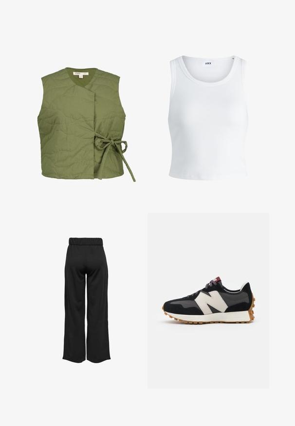 Olivgrüwest gestepptes Weste mit Wickeldesign, das eine Bindeschnur an der Seite aufweist. Glatte Textur mit dezenten Wellenstichdetails.; Weißes, geripptes Tanktop mit rundem Halsausschnitt, ärmellosem Design und kurzer Länge. Das Etikett trägt die Aufschrift "JJXX". Glatte Stoffstruktur.; Schwarze, weit geschnittene Hose mit elastischem Bund, aus glattem Stoff gefertigt. Hat ein cleanes Design ohne Taschen oder sichtbare Nähte.; Schwarze und graue Wildledersneaker mit einem großen cremefarbenen "N"-Logo, lila Schnürsenkeln und einer strukturierten Gummisohle.