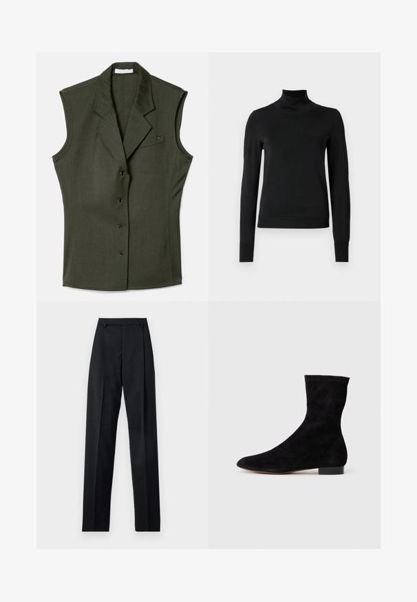 Ermeløs, mørkegrøn vest med en tætsiddende design, der har en krave med klippede kanter, fem frontknapper og en brystlomme med et logo-detalje.; Sort langærmet turtleneck sweater med ribbede manchetter og kant, vist på en simpel hvid baggrund.; Sorte bukser lavet af glat stof, der har høj talje, brede ben, frontfolder og klassiske bælteløkker. Ingen synlige sidelommer.; Sorte suedestøvler til anklerne med en tætsiddende skaft, spids tå og lav blokhæl. Glat tekstur og minimalistisk design, velegnet til alsidig styling.