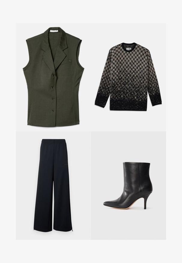 Gilet sans manches de couleur vert foncé, au design ajusté, avec un col cranté, cinq boutons sur le devant et une poche poitrine avec un détail de logo.; Pull en tricot avec un motif en losanges beige et noir, avec un dégradé de couleurs. Encolure ras du cou et manches longues. Texture douce.; Pantalons larges en mesh noirs avec une taille élastique et de petites fermetures éclair aux ourlets, présentés sur un fond blanc.; Bottine en cuir noir à bout pointu, avec un talon aiguille fin et une texture lisse. Design minimaliste sans matériel ou accents visibles.