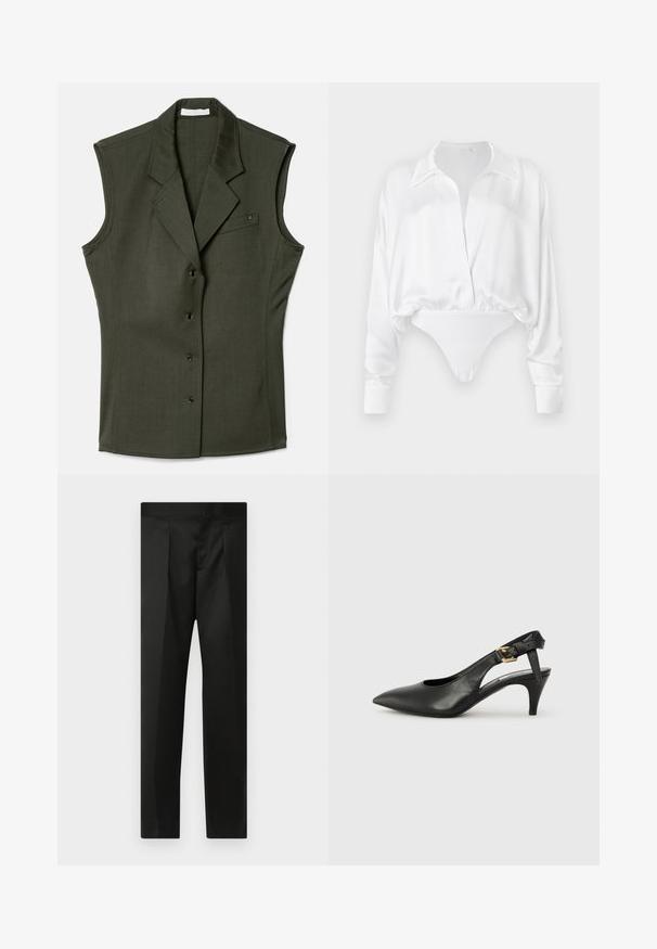 Sleeveless dark green vest with a fitted design, featuring a notched collar, five front buttons, and a chest pocket with a logo detail.; White satin long-sleeve blouse with a button-up front, relaxed fit, and cropped design merging into a bodysuit bottom. Smooth texture.; Black trousers featuring a smooth fabric, tailored design, straight legs, and a flat waistband with no visible closures or pockets.; Black leather slingback pump with a pointed toe, small heel, and a buckle detail on the ankle strap. Smooth texture, minimalist design.