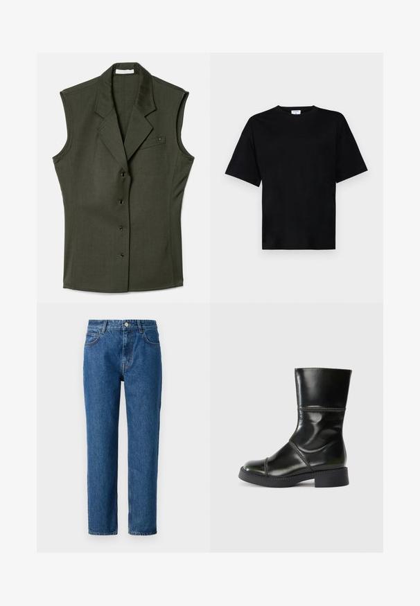Bezrukávý tmavě zelený vestový kabát s přiléhavým střihem, zdobený výstřihem do V, pěti předními knoflíky a náprsní kapsou s logem.; Černé tričko s krátkým rukávem v uvolněném střihu, vyrobené z měkké látky, s kulatým výstřihem a bez výrazných vzorů nebo akcentů.; Modré denimové džíny s rovnýms střihem, s knoflíkovým zapínáním, poutky na pásek a předními kapsami. Vyrobeny z texturované bavlny.; Černá kožená kotníková bota s kulatou špičkou, hladkým povrchem, kontrastním prošíváním a širokým podpatkem, má mírně zúženou siluetu.